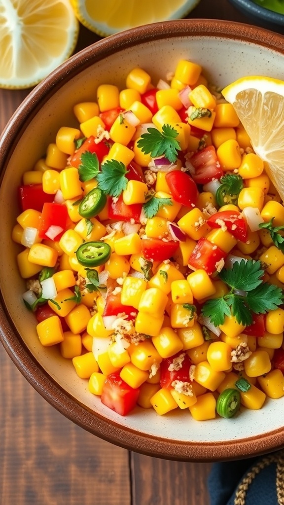 Spicy Corn Chaat Recipe A colorful bowl of spicy corn chaat with sweet corn, tomatoes, onions, and sev, garnished with coriander on a wooden table.
